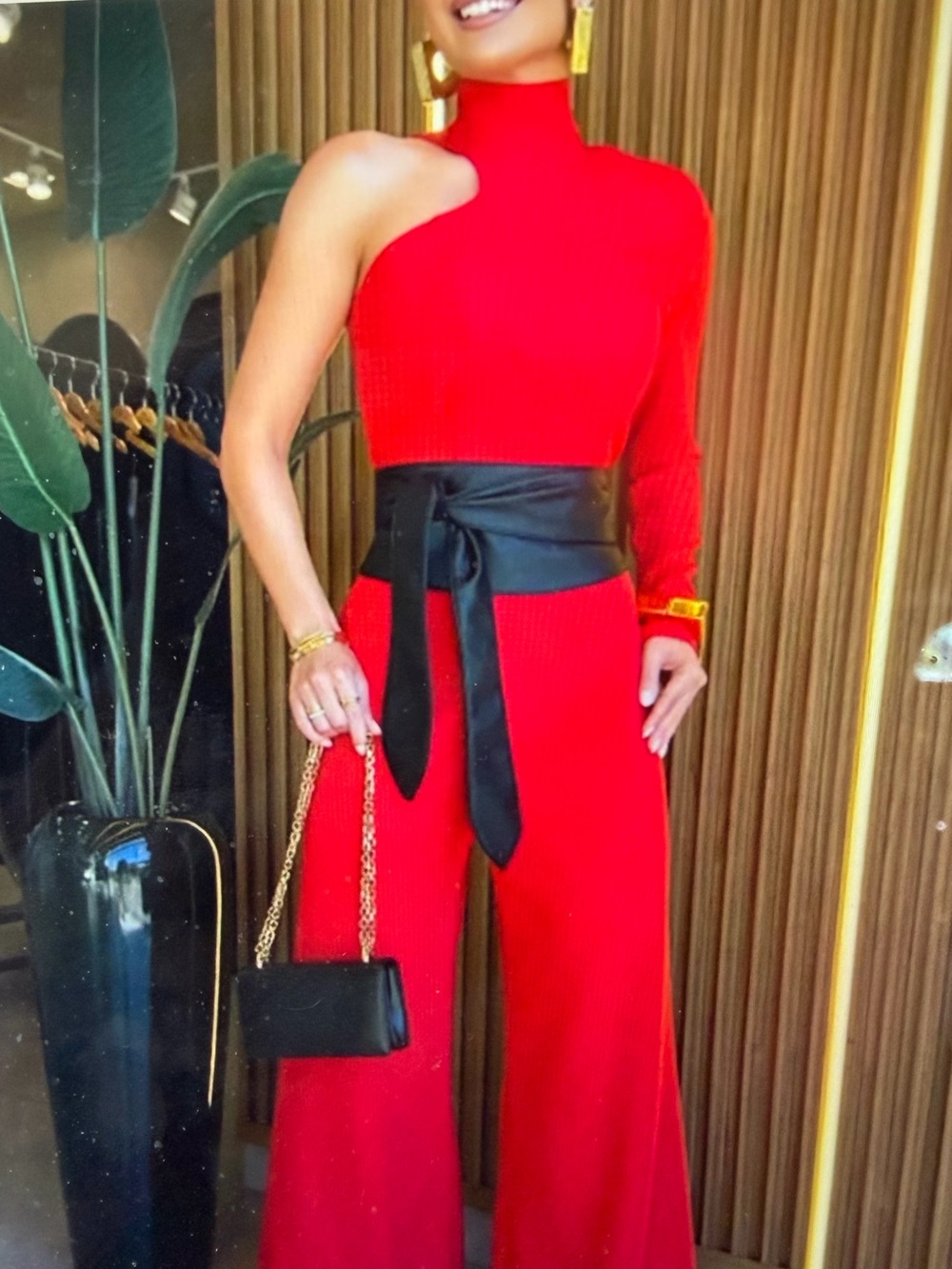 Women’s One-Shoulder Red Jumpsuit with Black Faux Leather Sash - NWOT- Size XL